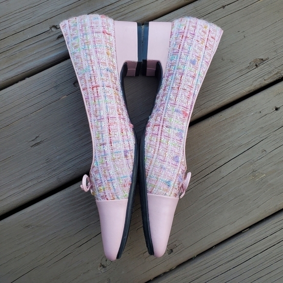 Vintage 90s y2k Square Cap Toe Chunky Heel Pink Tweed Granny Loafers 8 WIDE - Picture 2 of 7